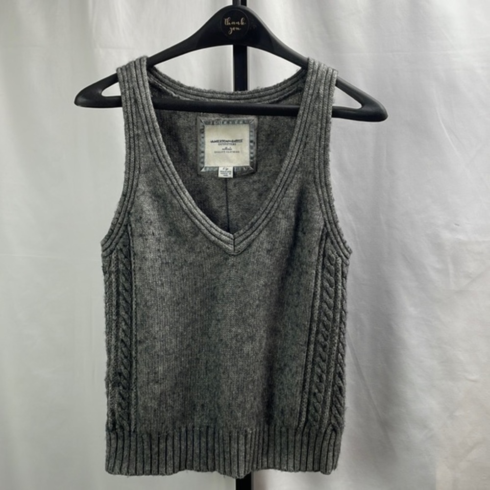 American Eagle Gray Cable Knit V Neck Cotton Wool Sweater, Size Large